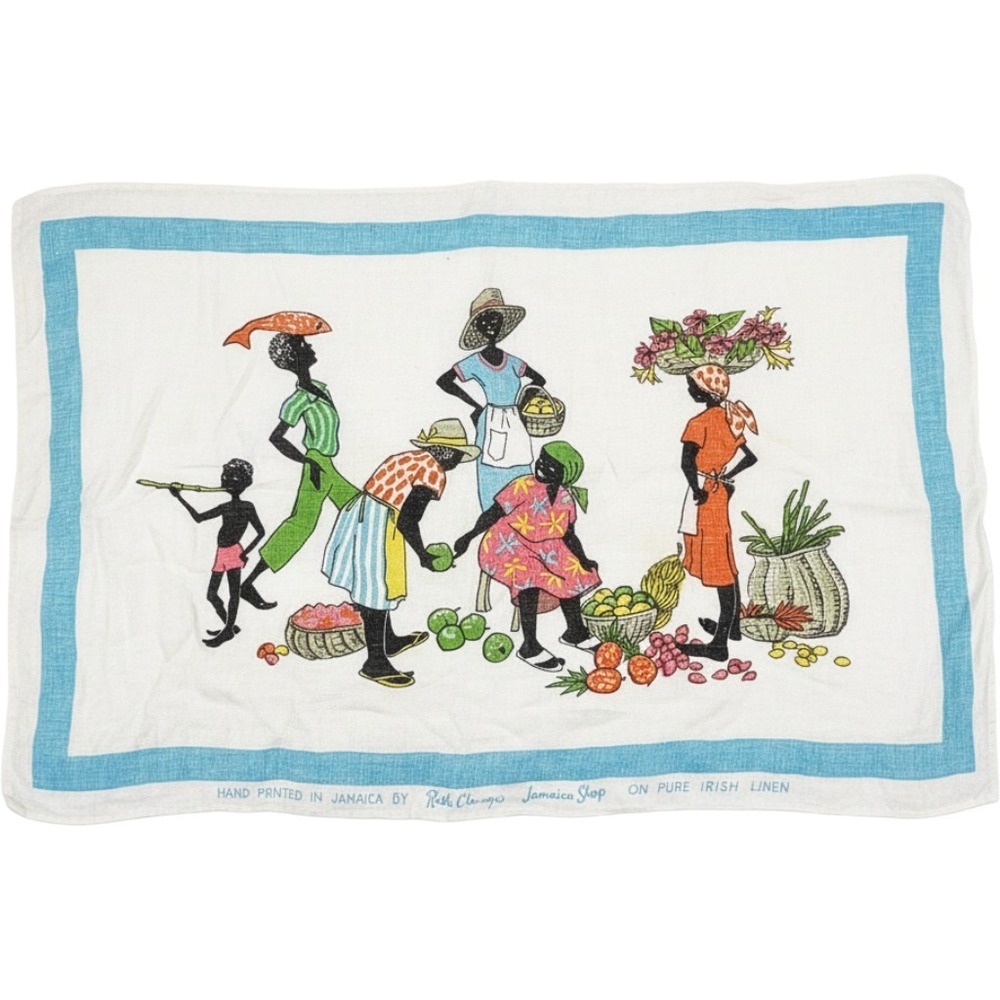 Vintage 1960s Ruth Clarage Jamaica Shop Market Scene Irish Linen Tea Towel 30x20